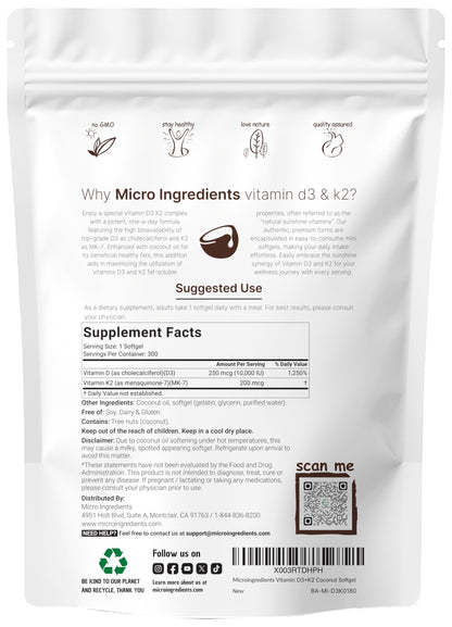 Vitamin D3 10,000 IU + K2 MK-7 200 mcg (2 Pack) Softgels | 600 Count | Virgin Coconut Oil