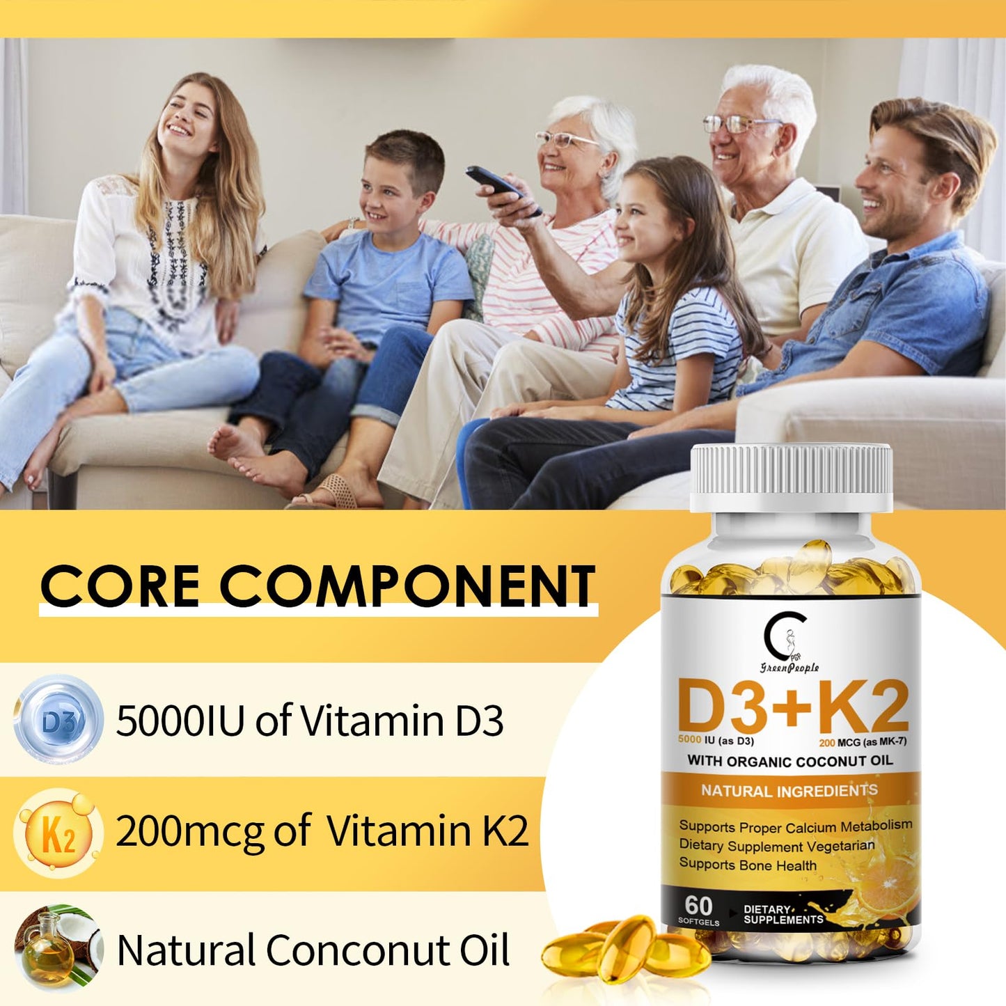 Vitamin D3 K2 Supplement 5000 IU – Plant-Based 60 Count for Bone & Immune Health