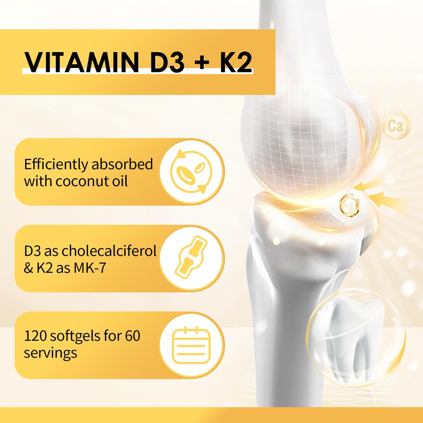 Vitamin D3 K2 Supplement 5000 IU – Plant-Based 60 Count for Bone & Immune Health