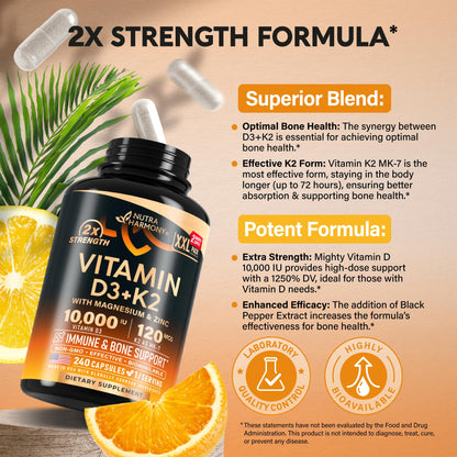 Vitamin D3 K2 10000 IU + MK-7 120 mcg | Immune, Bone & Mood Support | Made in USA | 240 Capsules