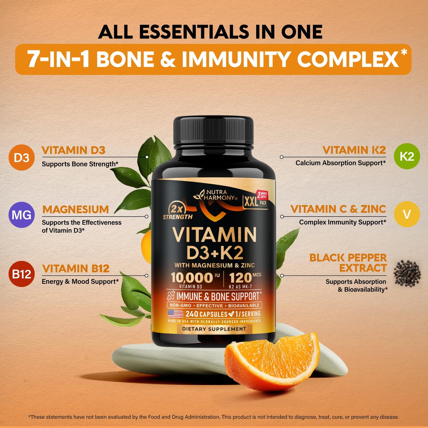 Vitamin D3 K2 10000 IU + MK-7 120 mcg | Immune, Bone & Mood Support | Made in USA | 240 Capsules