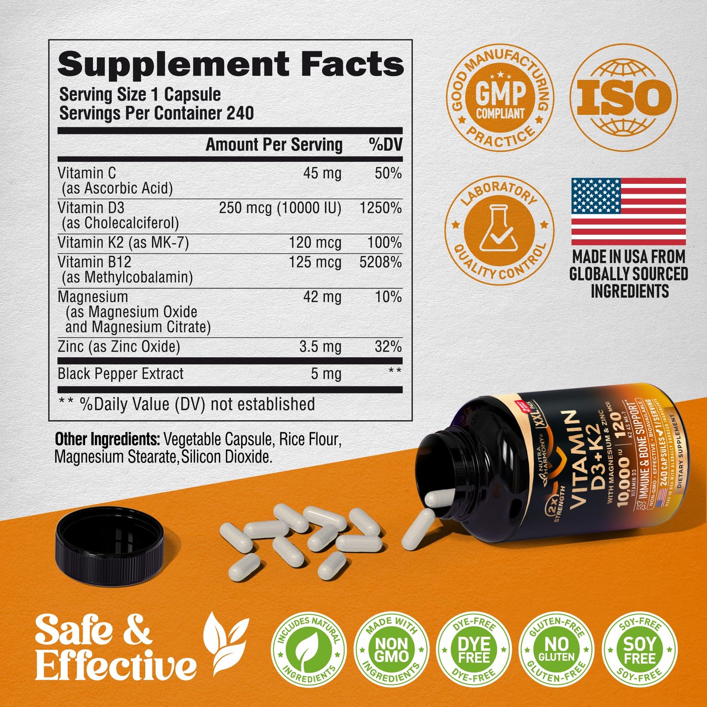 Vitamin D3 K2 10000 IU + MK-7 120 mcg | Immune, Bone & Mood Support | Made in USA | 240 Capsules