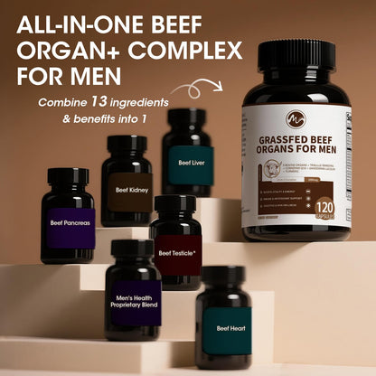 M inch Beef Organs Supplement for Men – Liver, Heart, Kidney, Pancreas with CoQ10 & Tribulus, 240 Count