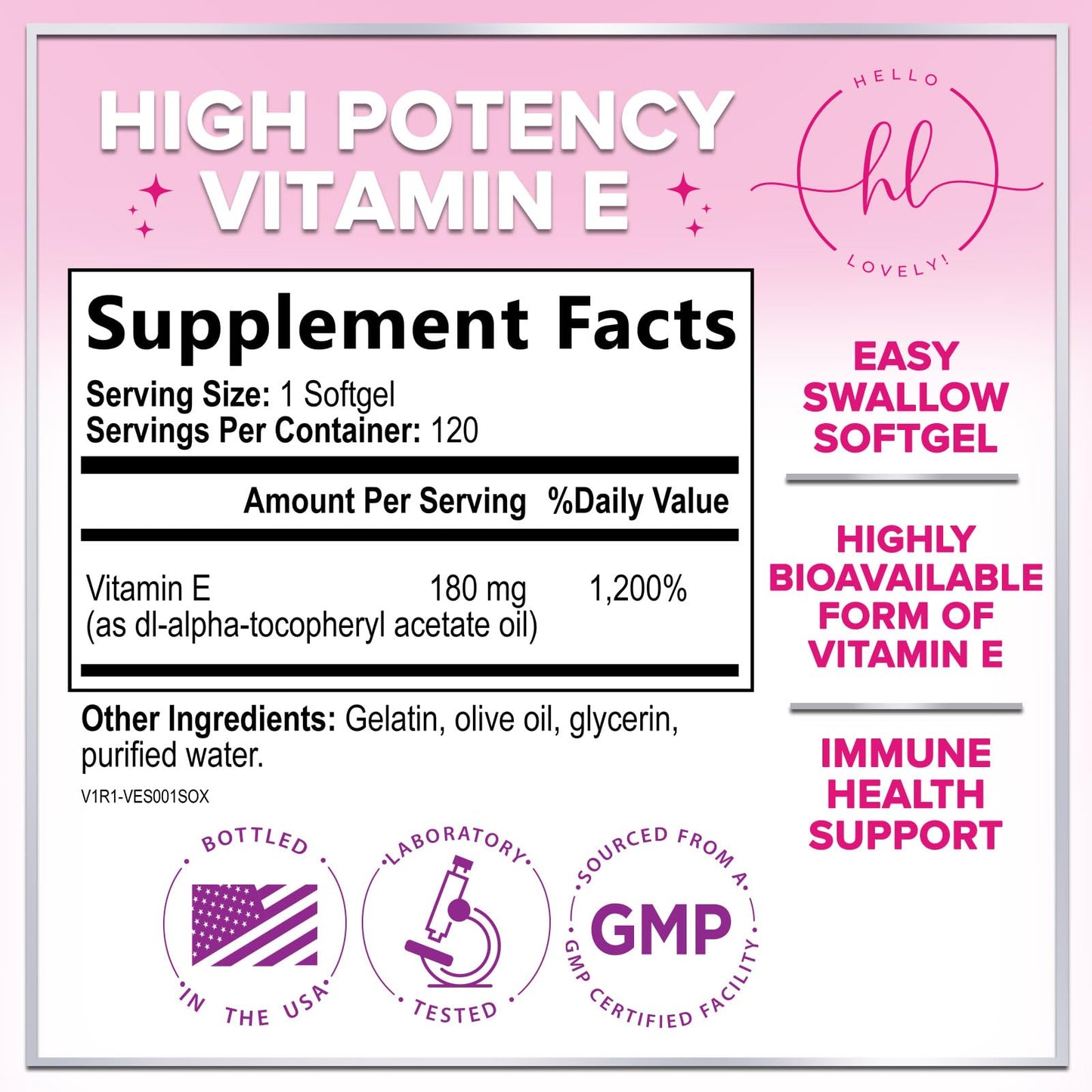 Vitamin E 400 IU Softgels – Hair & Skin Support, Immune Health, Non-GMO, Gluten Free (120 Softgels)