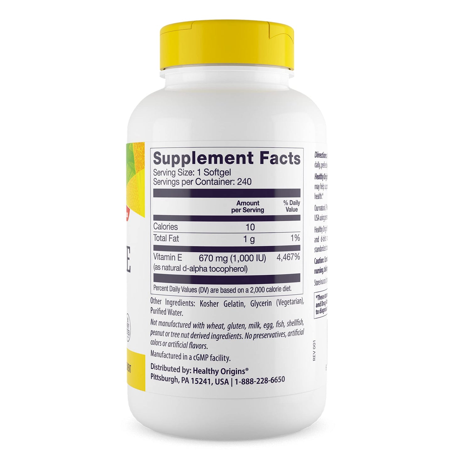 Healthy Origins Vitamin E 1,000 IU – Natural, Non-GMO, Gluten Free | Skin & Heart Health | 240 Softgels