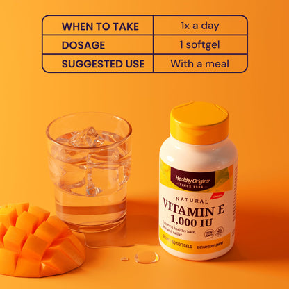 Healthy Origins Vitamin E 1,000 IU – Natural, Non-GMO, Gluten Free | Skin & Heart Health | 240 Softgels