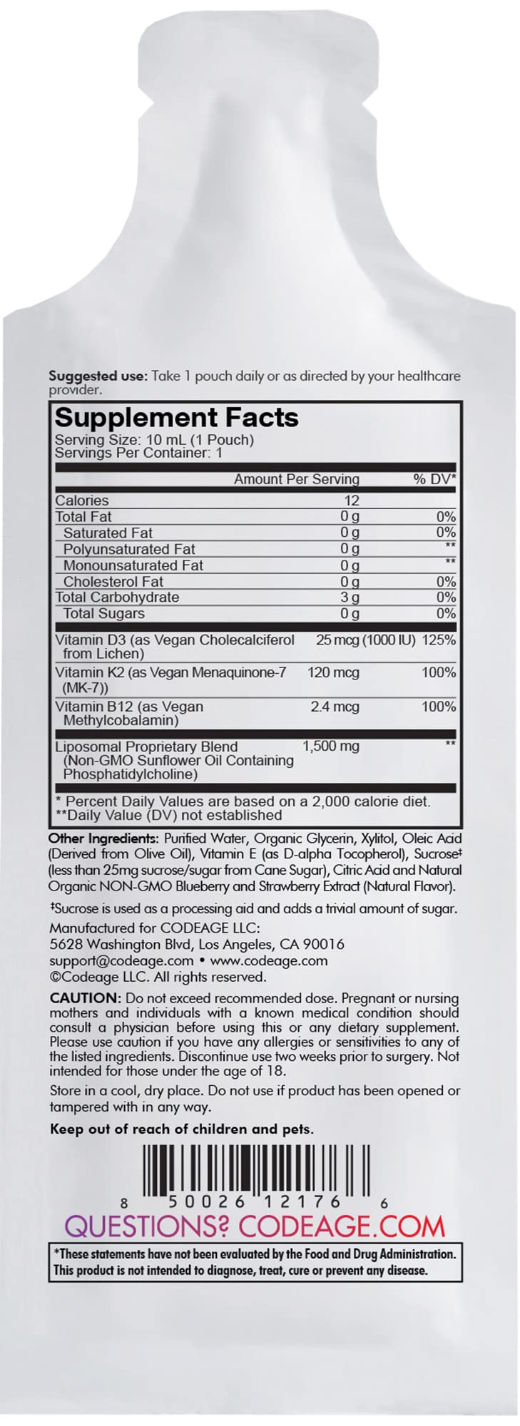 Codeage Liposomal Vitamin D3 Wonder-D – Vegan D3, K2 (MK-7) & B12 in Berry Flavor | 30 Pouches