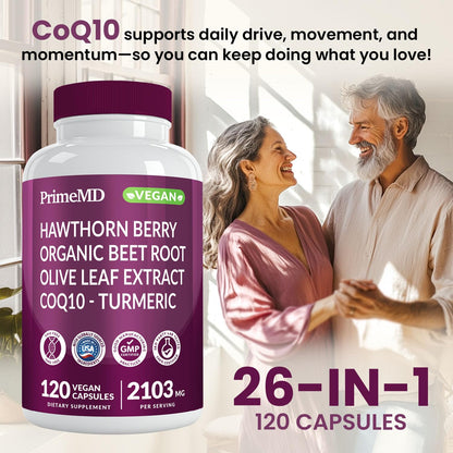 PrimeMD 26-in-1 Nitric Oxide Supplement – Heart & Circulation Support with CoQ10, Beet Root, Hawthorn & Garlic | 2103mg per Serving (120ct x 2)