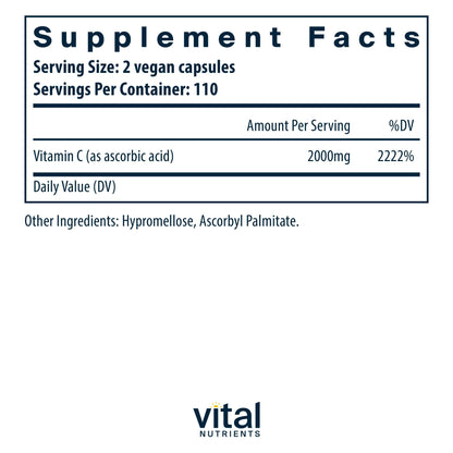 Vital Nutrients Vitamin C 1000mg | Pure Ascorbic Acid, Vegan Antioxidant for Immune Support & Iron Absorption | Gluten Free | Non-GMO | 220 Capsules