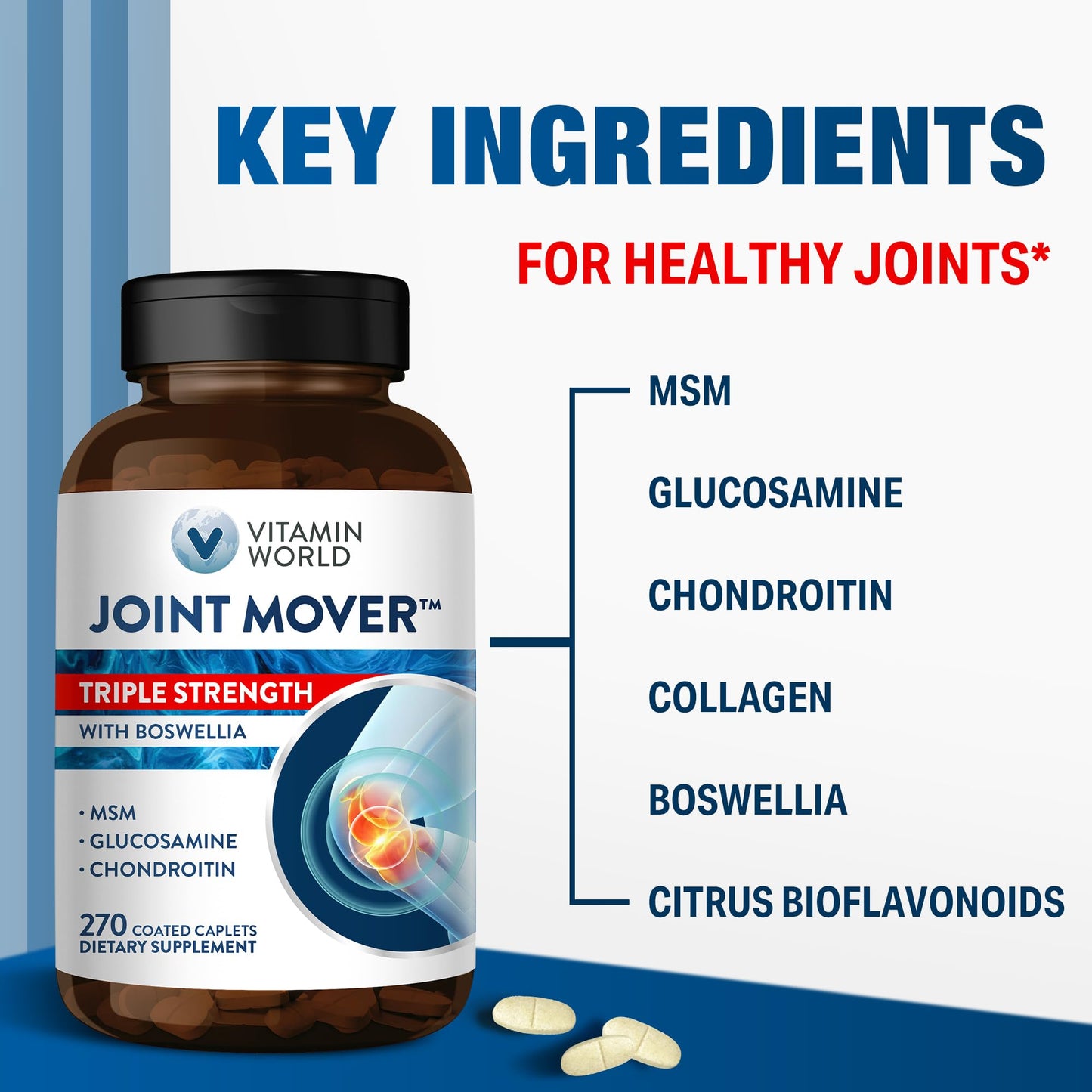 Vitamin World Triple Strength Joint Mover – Glucosamine, Chondroitin, MSM + Collagen & Boswellia – 270 Caplets