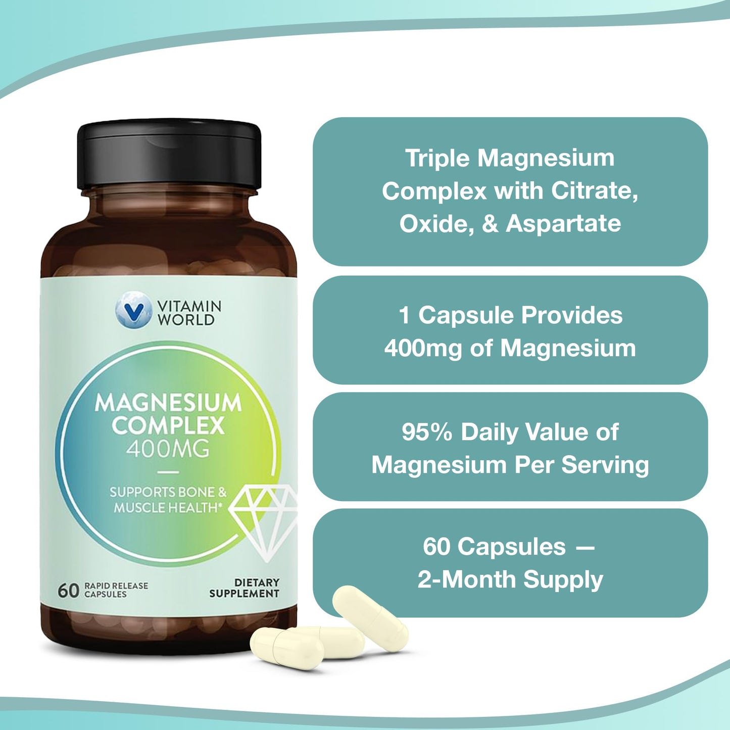 Vitamin World Magnesium Complex 400mg - 3-in-1 Magnesium (Citrate, Oxide & Aspartate) for Bone, Muscle & Nerve Support | 60 Capsules
