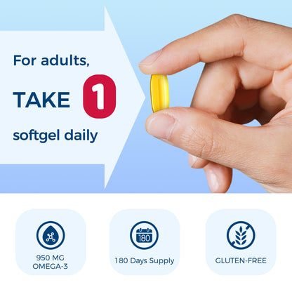 Vitamin World Triple Strength Omega-3 Fish Oil 1360 mg | 950 mg Active Omega-3 EPA & DHA | 180 Softgels
