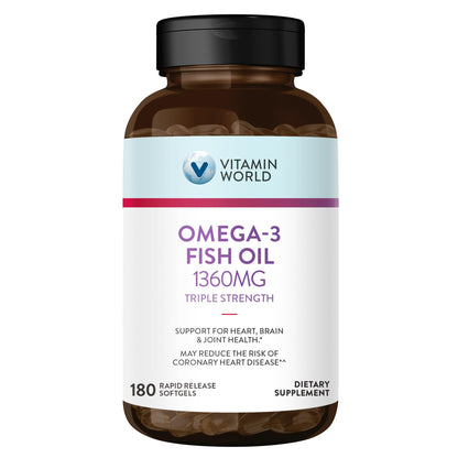 Vitamin World Triple Strength Omega-3 Fish Oil 1360 mg | 950 mg Active Omega-3 EPA & DHA | 180 Softgels