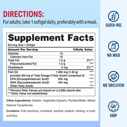 Vitamin World Triple Strength Omega-3 Fish Oil 1360 mg | EPA/DHA 950 mg | 120 Softgels