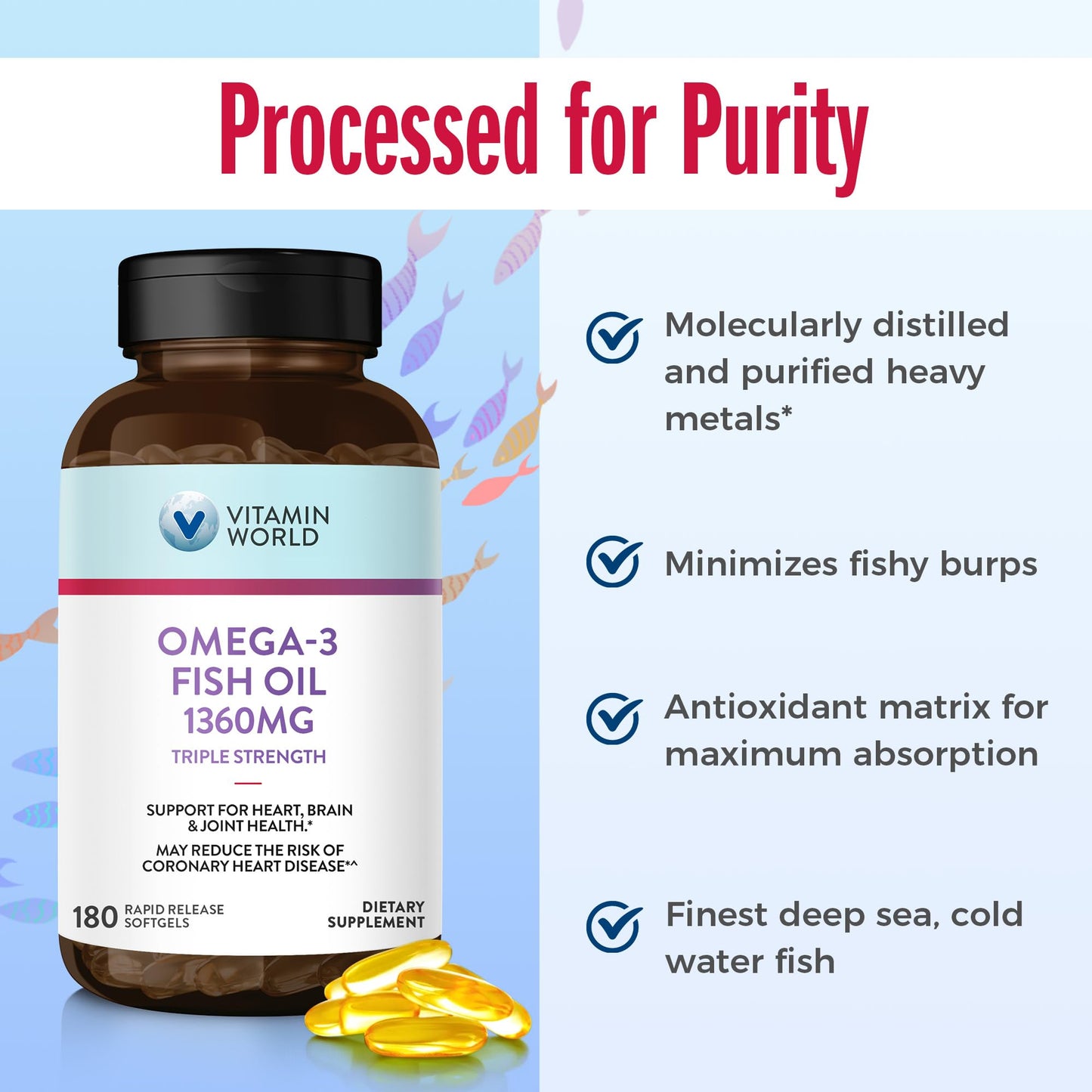 Vitamin World Triple Strength Omega-3 Fish Oil 1360 mg | 950 mg Active Omega-3 EPA & DHA | 180 Softgels