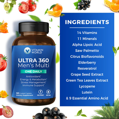 Vitamin World Ultra 360 Men’s Multivitamin One Daily — Immune Support, Energy & Prostate Health, 90 Caplets
