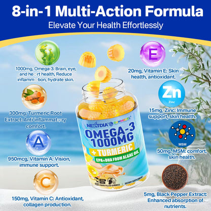 Vegan Omega-3 Gummies 1000mg + Turmeric | Algae DHA 600mg & EPA 300mg | Sugar Free, 60 Count