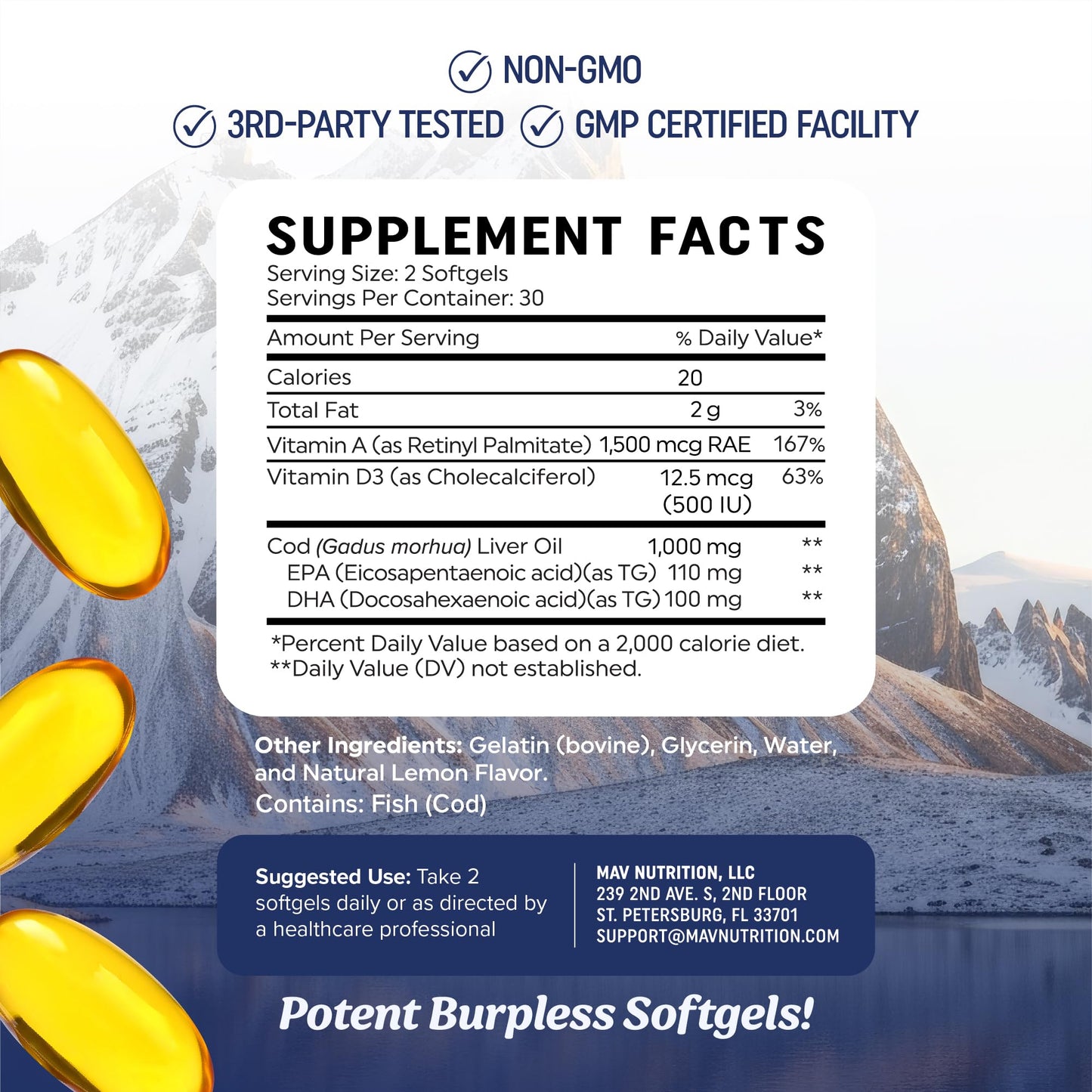 Cod Liver Oil Softgels 1000mg | Omega-3 EPA/DHA + Vitamins A & D3 | Icelandic Wild-Caught, Molecularly Distilled | 60 Count