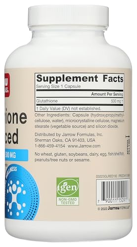 Jarrow Formulas Glutathione Reduced 500 mg – 150 Veggie Capsules – Vegan, Non-GMO