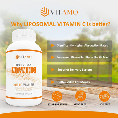 Vitamo Liposomal Vitamin C 2000mg | High-Absorption Immune Support & Skin Health | 300 Capsules