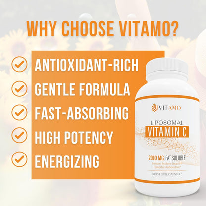 Vitamo Liposomal Vitamin C 2000mg | High-Absorption Immune Support & Skin Health | 300 Capsules