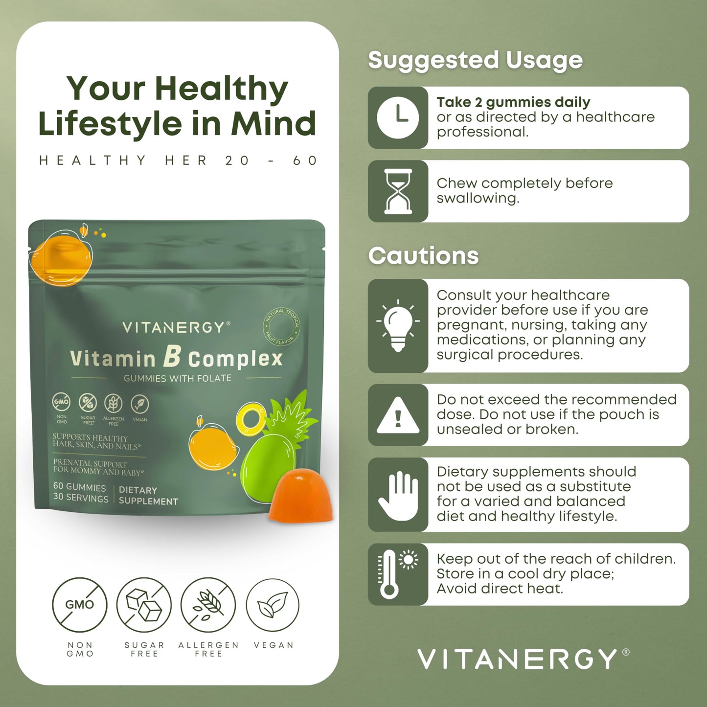 Vitanergy Vitamin B Complex Gummies for Women - 7 Essential Vitamins and Iron, Energy, Immune, Prenatal Support, Portable Pouch, Tropical Flavor, Made in USA, 60 Count