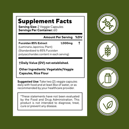 Vitapia Fucoidan 85% - 1000mg Per Serving | 120 Veggie Capsules | Immune & Digestive Support