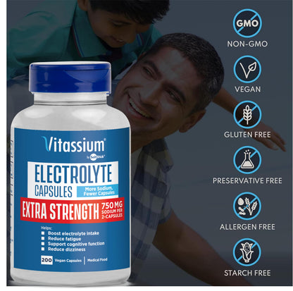 Vitassium Extra Strength Electrolyte Capsules – 750mg Sodium, Unflavored, 200 Capsules (Size 00)