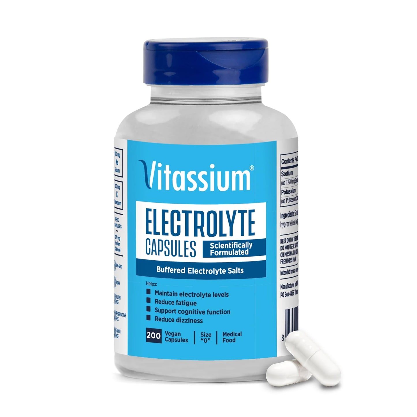 Vitassium Electrolyte Capsules — High-Sodium Diet Support (500mg Na, 100mg K) | Unflavored, 200 Capsules