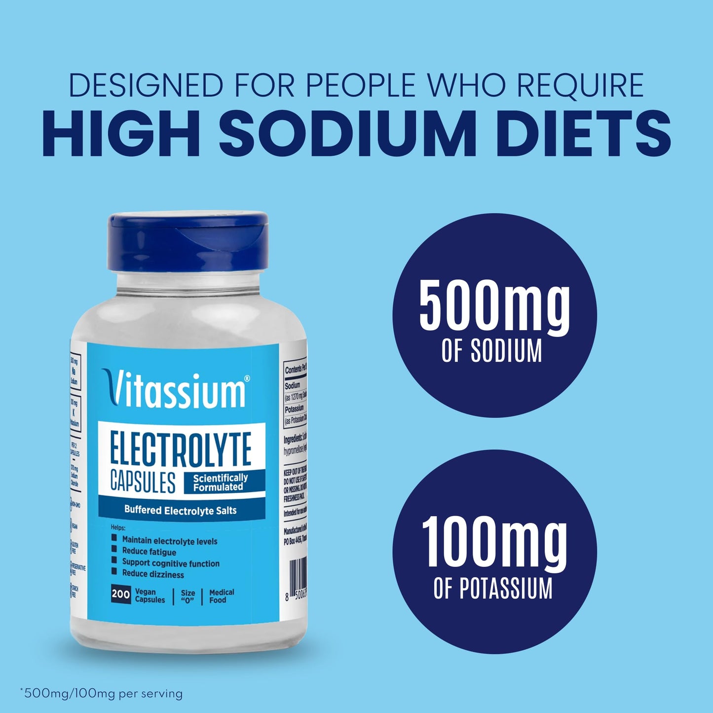 Vitassium Electrolyte Capsules — High-Sodium Diet Support (500mg Na, 100mg K) | Unflavored, 200 Capsules