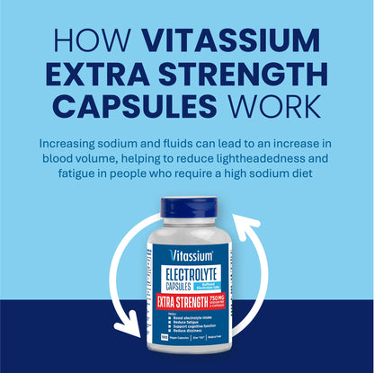 Vitassium Extra Strength Electrolyte Capsules – 750mg Sodium for POTS Support, Unflavored, 100 Pills (Size 00)