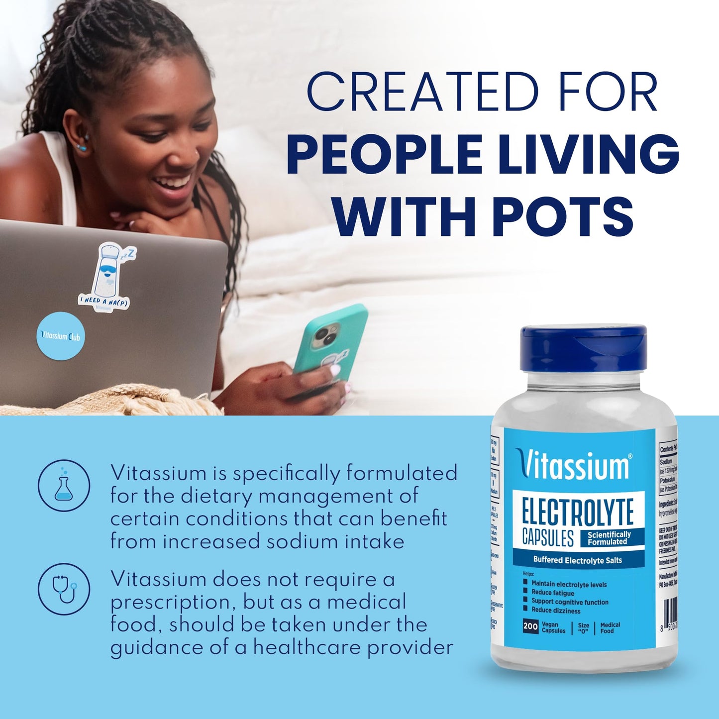Vitassium Electrolyte Capsules — High-Sodium Diet Support (500mg Na, 100mg K) | Unflavored, 200 Capsules