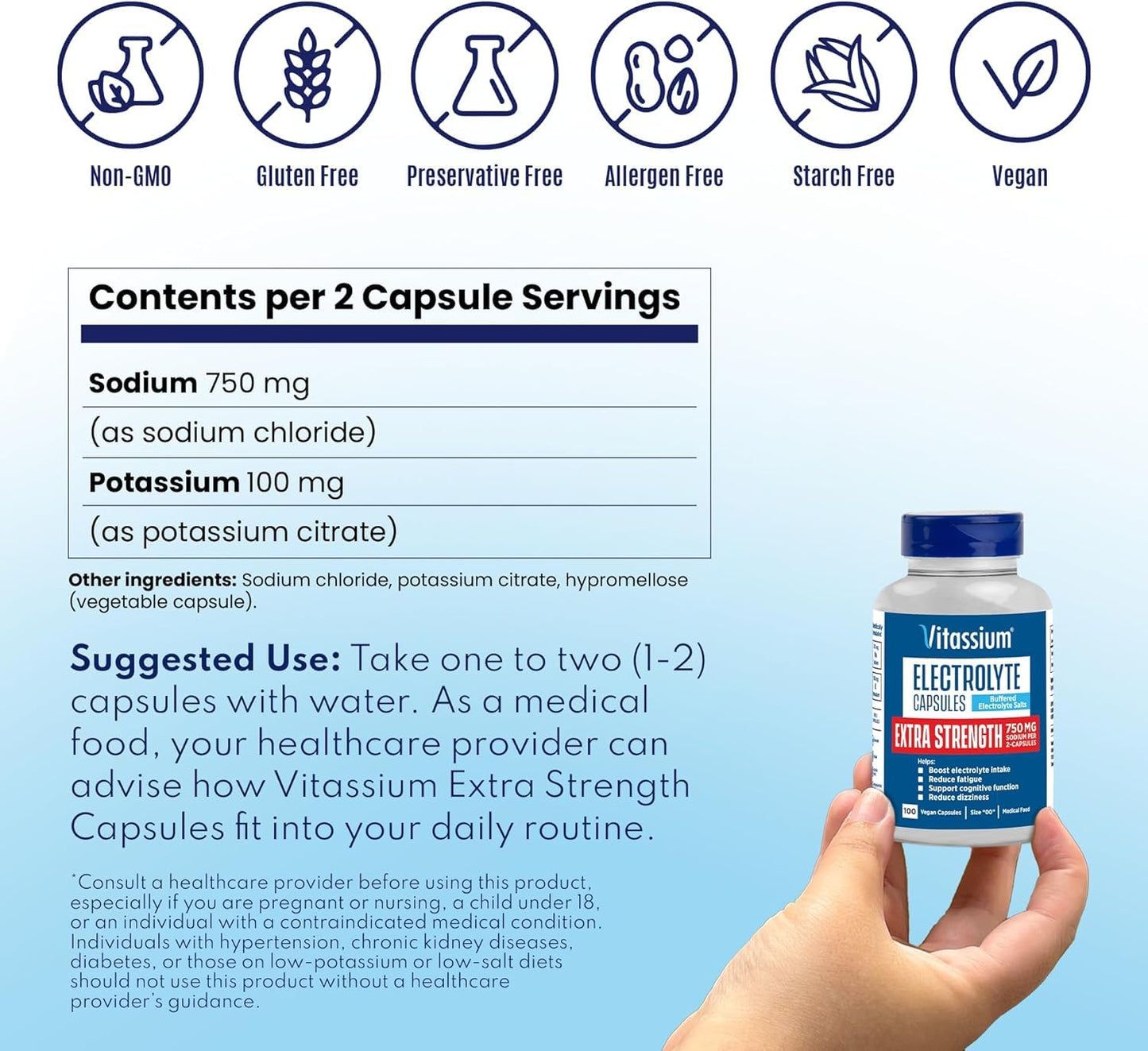 Vitassium Extra Strength Electrolyte Capsules – 750mg Sodium, Unflavored, 200 Capsules (Size 00)