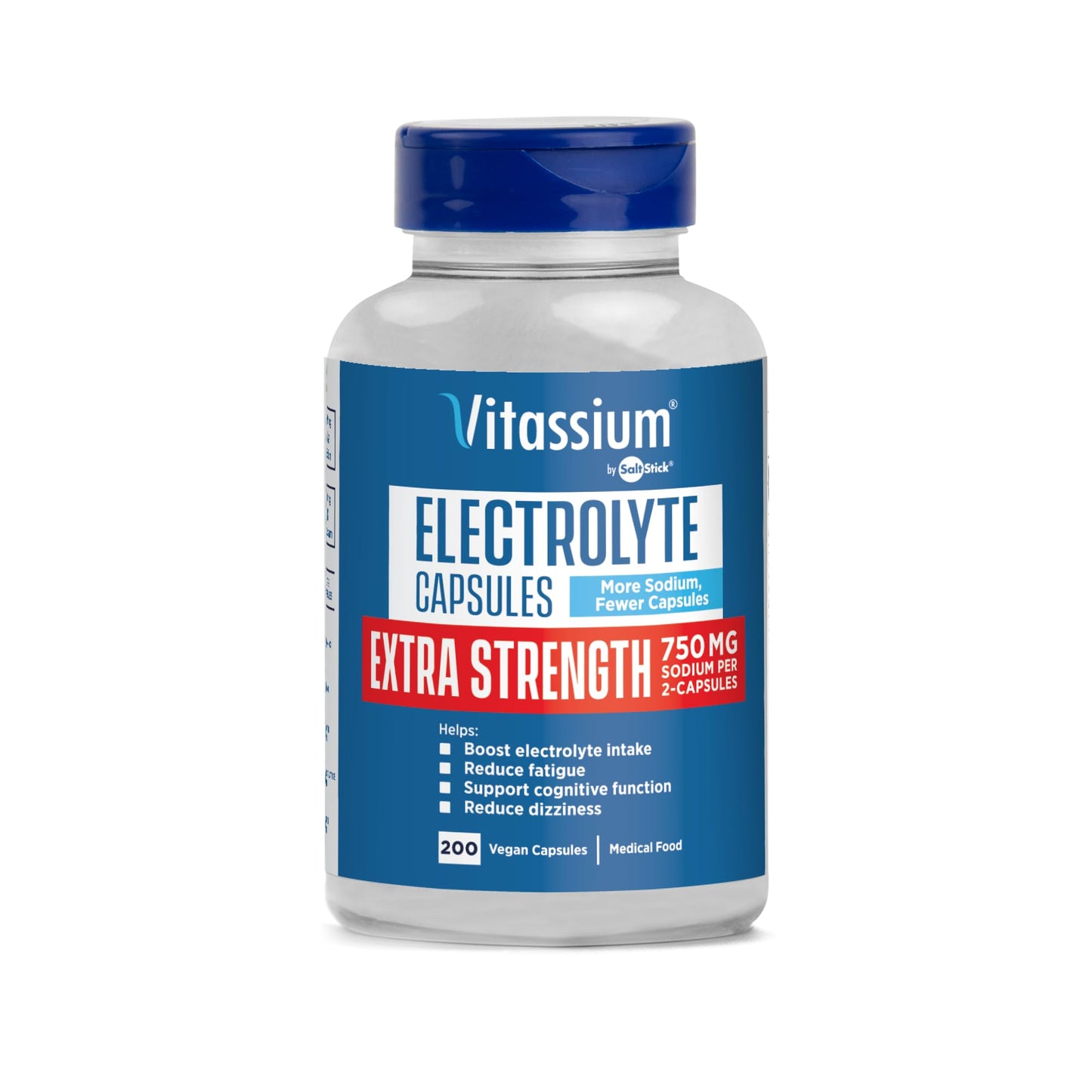 Vitassium Extra Strength Electrolyte Capsules – 750mg Sodium, Unflavored, 200 Capsules (Size 00)
