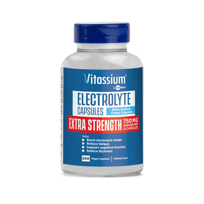 Vitassium Extra Strength Electrolyte Capsules – 750mg Sodium, Unflavored, 200 Capsules (Size 00)