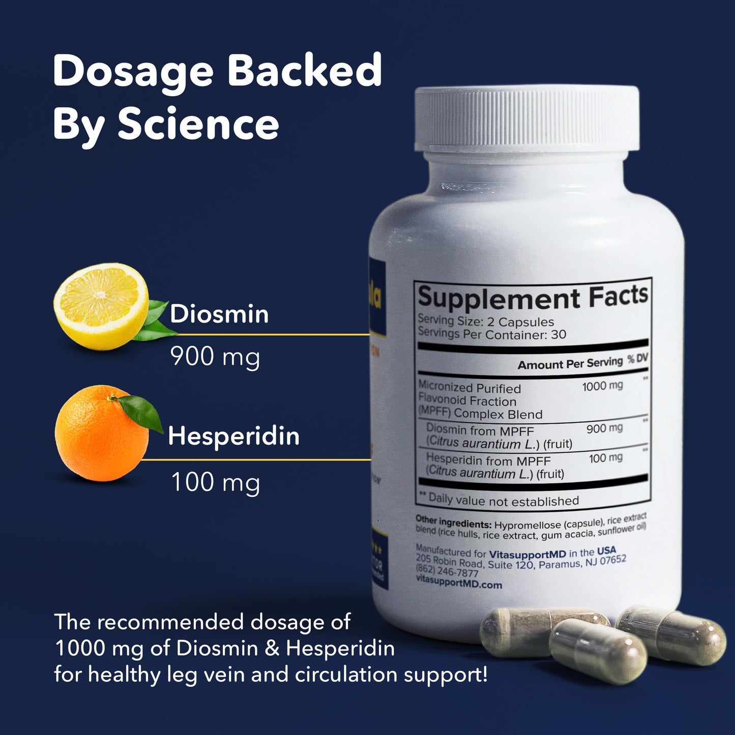 VITASUPPORTMD Vein Formula - MPFF Diosmin Hesperidin 1000 mg, 60 Capsules