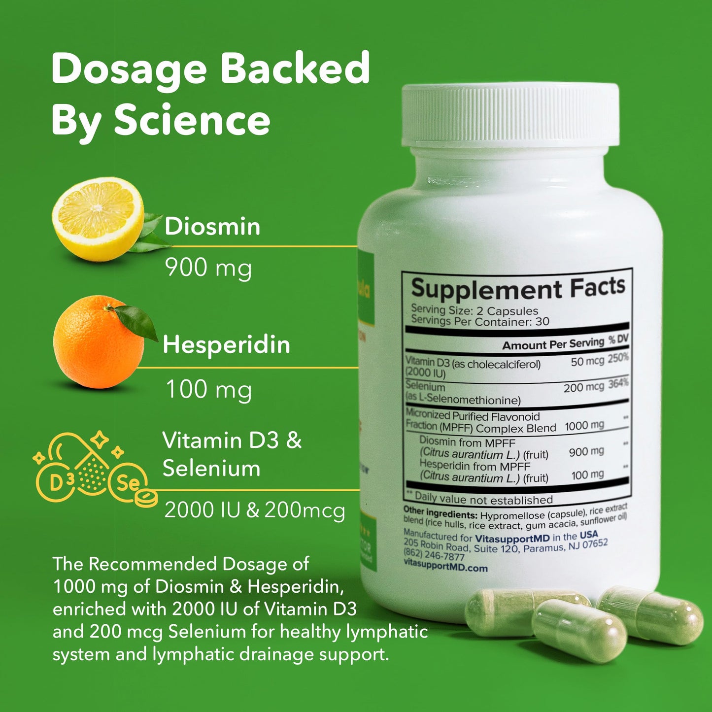 VITASUPPORTMD Lymphatic Formula – Diosmin Hesperidin 1000 mg, MPFF, Vitamin D3 & Selenium, 60 Capsules