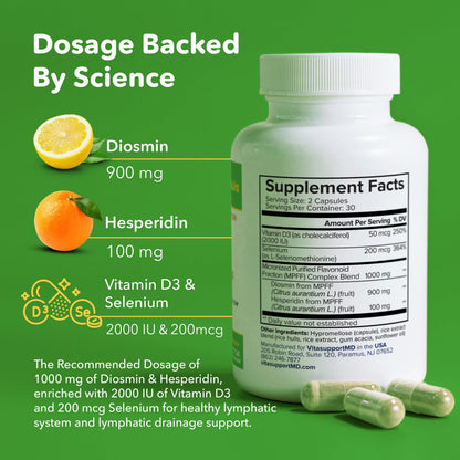 VITASUPPORTMD Lymphatic Formula – Diosmin Hesperidin 1000 mg, MPFF, Vitamin D3 & Selenium, 60 Capsules