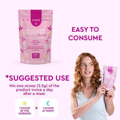 Vitatú Myo Inositol (4g) & D-Chiro Inositol (1g) 40:1 | 225 g, 45 Days | Folic Acid, Vitamin D3, Zinc