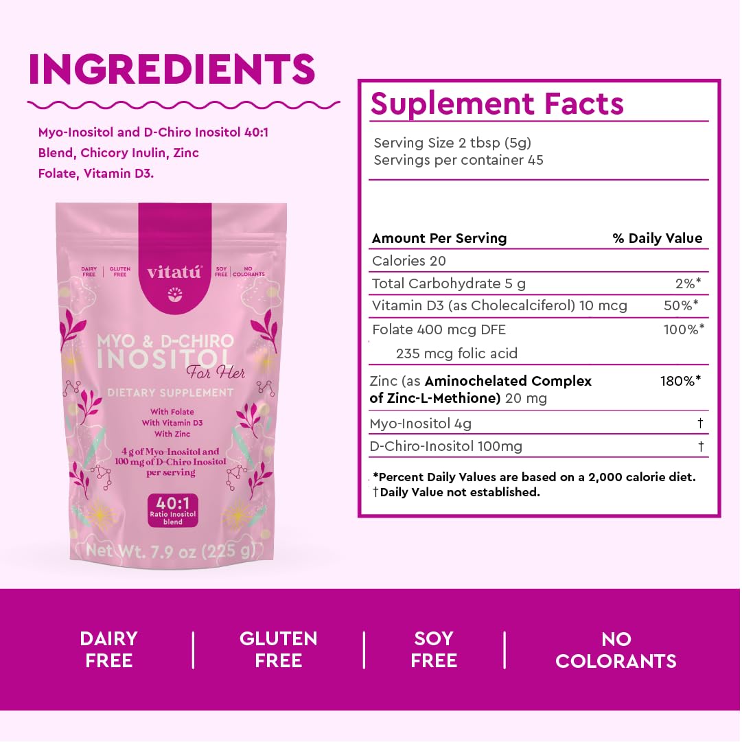 Vitatú Myo Inositol (4g) & D-Chiro Inositol (1g) 40:1 | 225 g, 45 Days | Folic Acid, Vitamin D3, Zinc