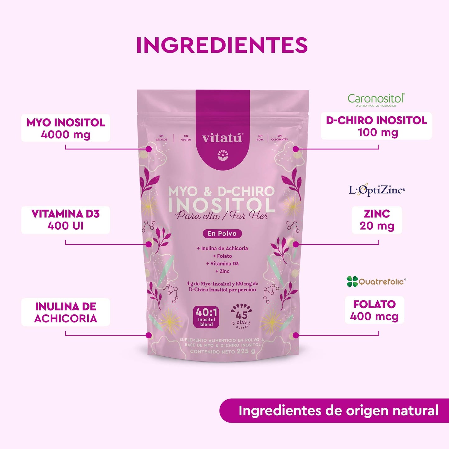 Vitatú Myo Inositol (4g) & D-Chiro Inositol (1g) 40:1 | 225 g, 45 Days | Folic Acid, Vitamin D3, Zinc