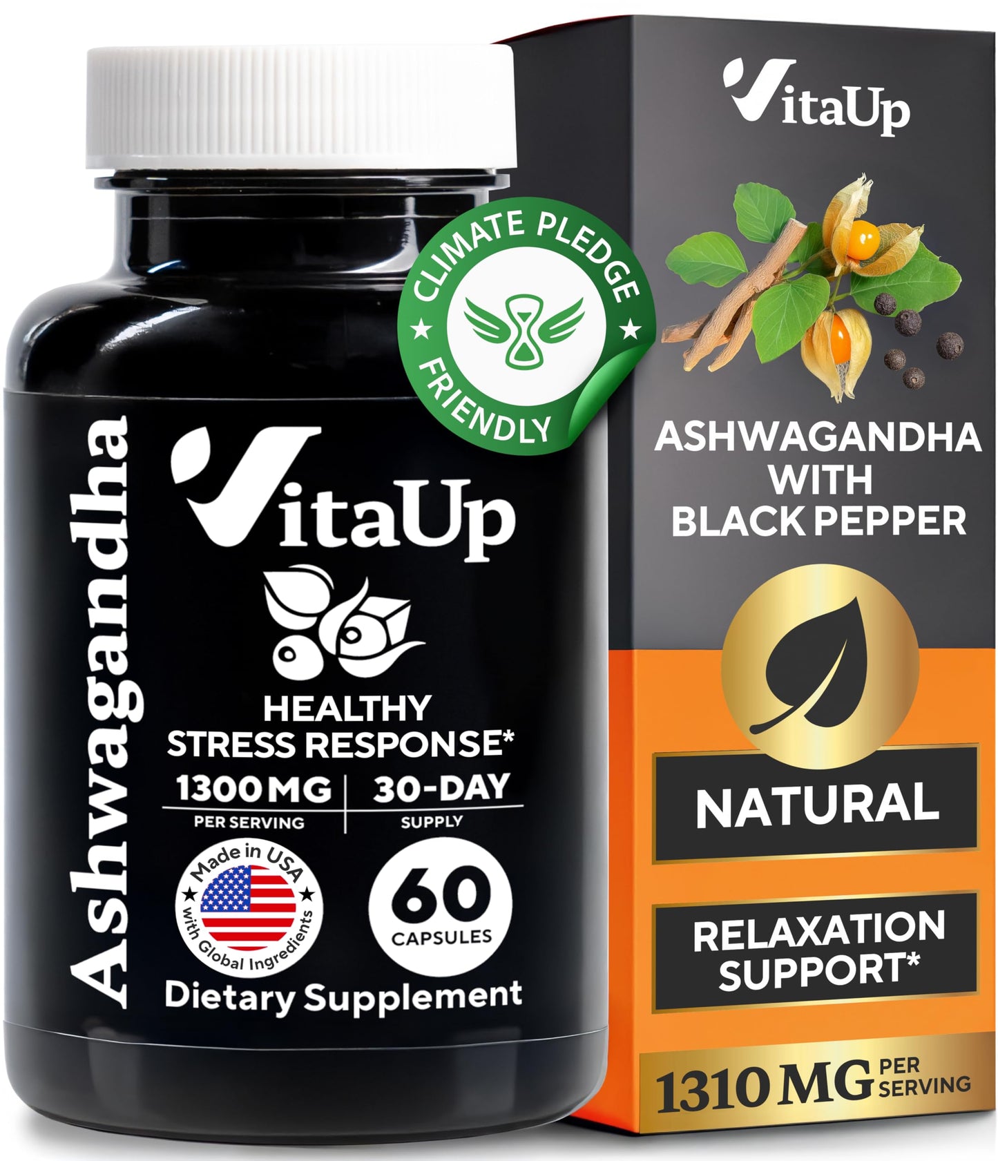 VitaUp Ashwagandha 1310mg with Black Pepper – USA Made, Relaxation & Cognitive Support (60 Caps)