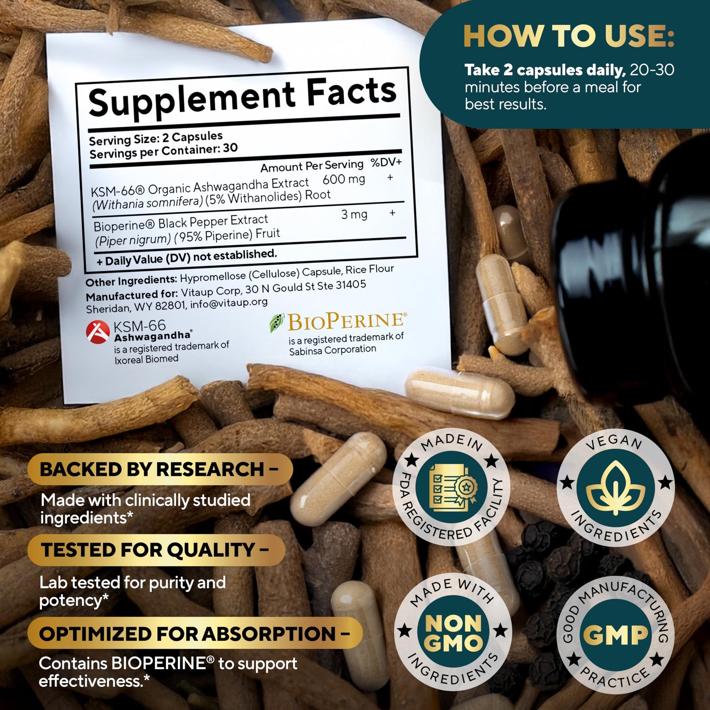 VitaUp Ashwagandha KSM-66 with Bioperine – USA Made, Relaxation & Focus