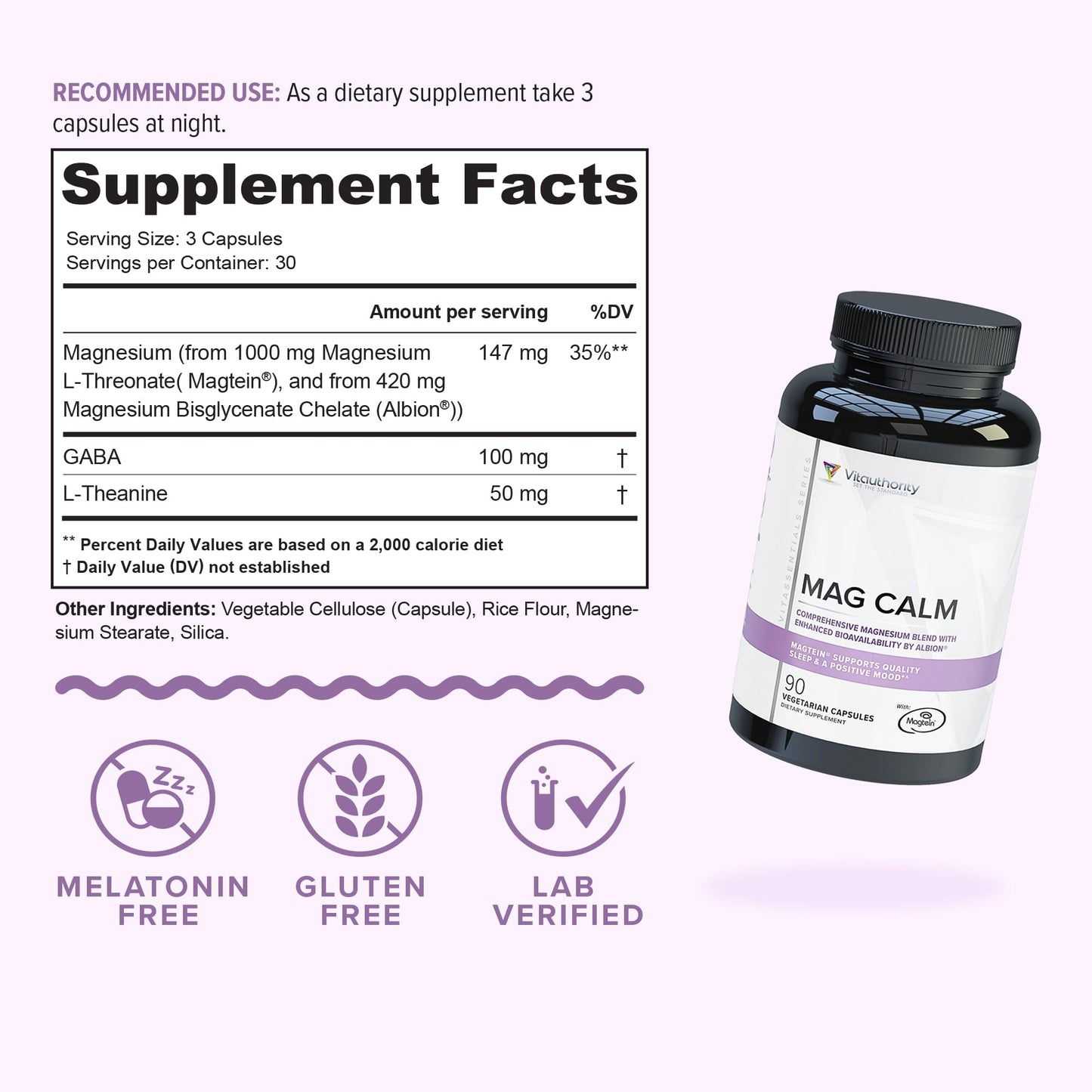 Vitauthority Magnesium L-Threonate Biglycenate Chelate Blend with GABA & L-Theanine Sleep Support - 90 Capsules (30 Servings)