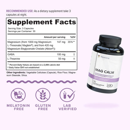 Vitauthority Magnesium L-Threonate Biglycenate Chelate Blend with GABA & L-Theanine Sleep Support - 90 Capsules (30 Servings)