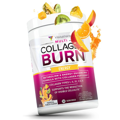 Vitauthority Multi Collagen Burn – 5 Types Collagen, Hyaluronic Acid, Vitamin C, SOD B Dimpless, Caffeine, Tropical Punch, 30 Servings