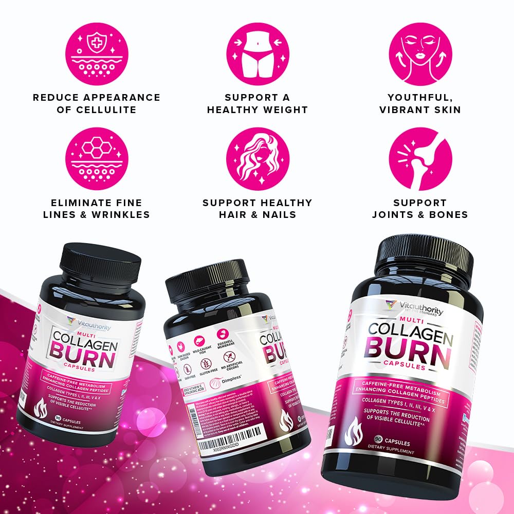 Vitauthority Multi Collagen Burn – 5 Types, Hyaluronic Acid, Vitamin C | Caffeine-Free Capsules