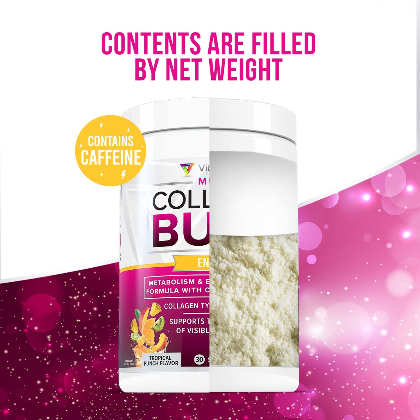 Vitauthority Multi Collagen Burn – 5 Types Collagen, Hyaluronic Acid, Vitamin C, SOD B Dimpless, Caffeine, Tropical Punch, 30 Servings