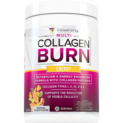 Vitauthority Multi Collagen Burn – 5 Types Collagen, Hyaluronic Acid, Vitamin C, SOD B Dimpless, Caffeine, Tropical Punch, 30 Servings