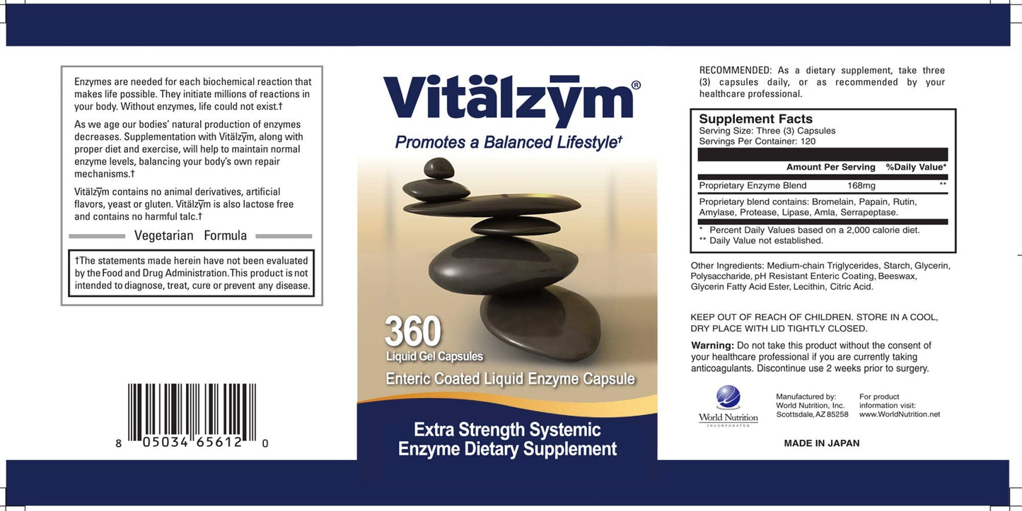 VITÄLZYM Proteolytic Systemic Enzymes Liquid Gel Capsules – Serrapeptase, Joint & Immune Support, 360 Capsules